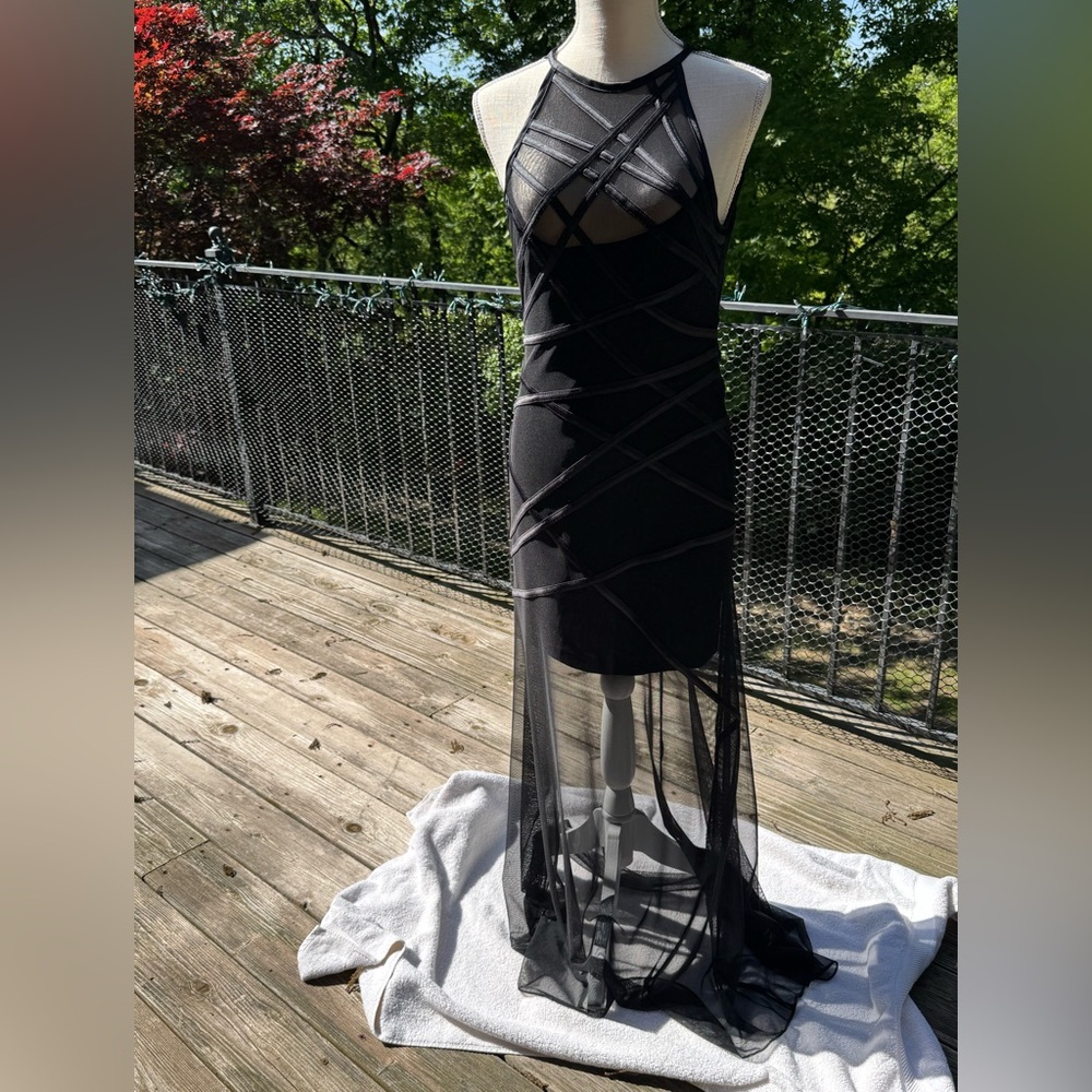 TADASHI SHOJI Elegant Long Black Sheer Dress -Fitted as Mini/Sheer to Floor~Sz S - Picture 8 of 14